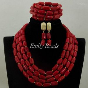 Ketting oorbellen set vrouwen cadeau sieraden rode Nigeriaanse bruiloft koraal Afrikaanse kralen kostuum bruids cj686