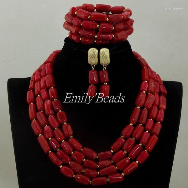 Conjunto de pendientes de collar, joyería de regalo para mujer, boda nigeriana roja, cuentas africanas de Coral, disfraz nupcial CJ686