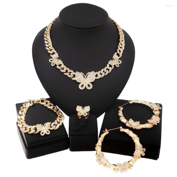 Collier boucles d'oreilles ensemble femmes bijoux mode papillon chaîne cubaine Style pierre pavée luxe Bracelet grand rond pour cadeaux de mariage