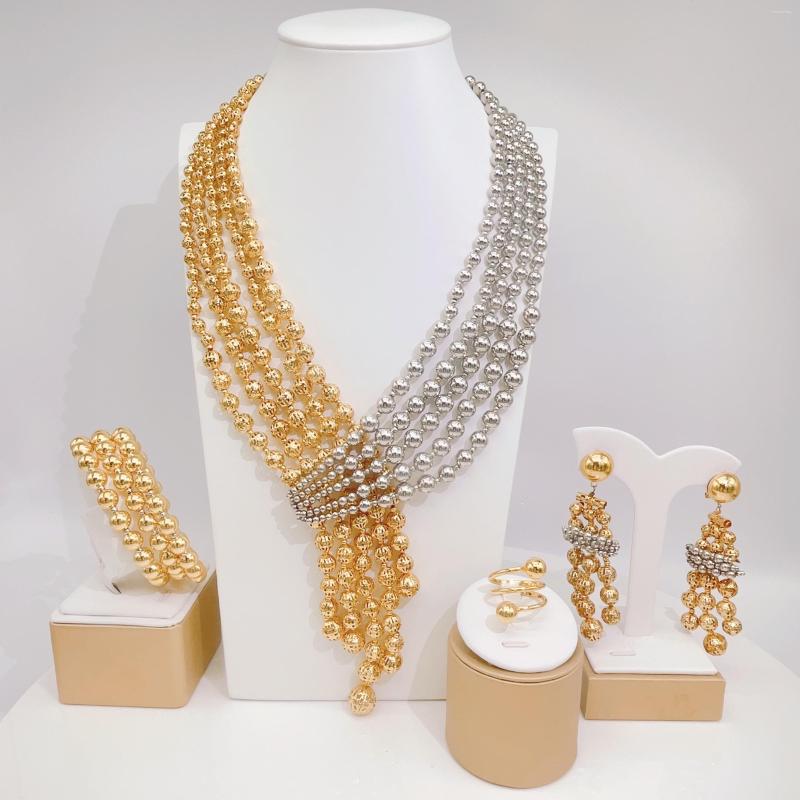 Halsband örhängen set kvinnliga smycken guldpläterade runda pärla två ton hänge kvällskläder nigerianska festivalgåvor