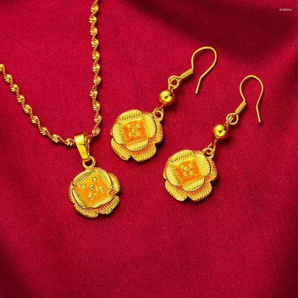 Ensemble collier et boucles d'oreilles pour femmes, pendentif, cadeau, bijoux en forme de fleur, or jaune 18 carats, beaux accessoires classiques à la mode