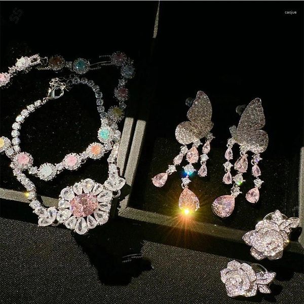 Ensemble de boucles d'oreilles et collier pour femmes, chaîne, bijoux personnalisés, série princesse, pierres précieuses, cristal, Zircon, accessoires d'ornement à la main