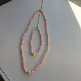 Conjunto de collar y pendientes para mujer DIY 4-5mm 8-9mm suave Color rosa caramelo perla de agua dulce pulsera de Coral cadena extendida 43cm 18cm