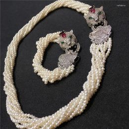 Collier boucles d'oreilles ensemble femmes tête de léopard fermoir accessoires à créer soi-même blanc perle d'eau douce Bracelet bijoux de mode