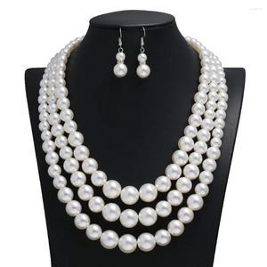 Ketting Oorbellen Set Dames Drielaags Witte Imitatieparel Meerlaagse Truiketting