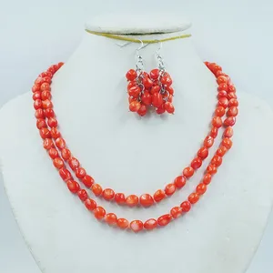 Ensemble collier et boucles d'oreilles, bijoux de mariage pour femmes.2 rangées de corail orange naturel/collier/boucle d'oreille