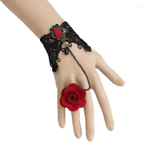 Ketting oorbellen set Womens handgemaakte rode roos brons metaal zwart kant bloem drop verstelbare ring armband slaaf Lolita gotische bal retro