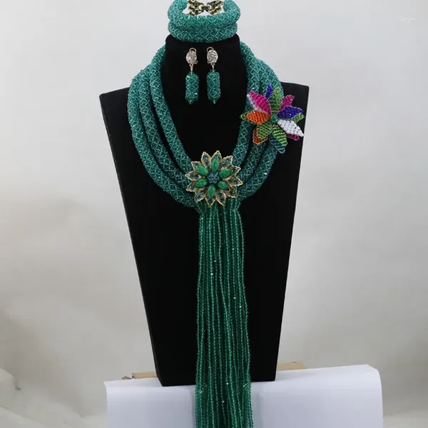 Ensemble de collier et boucles d'oreilles, merveilleux vert sarcelle, bijoux de mariage en perles africaines, broche fleur faite à la main, ABL884