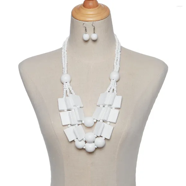 Ensemble de collier et boucles d'oreilles en copeaux de bois, perles géométriques multicouches, chaîne de pull, accessoires de Banquet DD30278