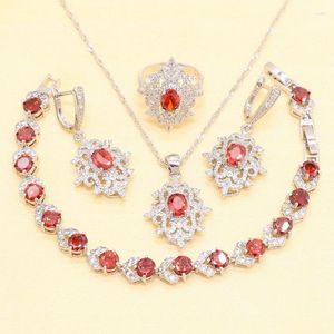 XUTAAYI – ensemble collier et boucles d'oreilles en argent Sterling pour femmes, Bracelet en Zircon rouge, pendentif, bague, boîte cadeau de mariage