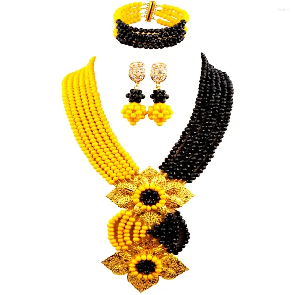 Ensemble collier et boucles d'oreilles en perles de cristal jaunes et noires, bijoux africains pour femmes