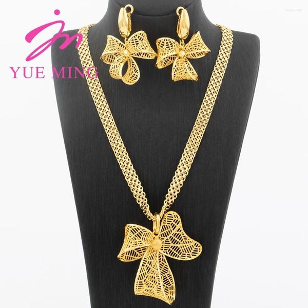 Conjunto de collar y pendientes YM, joyería para mujer, colgante de flor hueca, pendiente árabe de Dubái, cadena africana, Color dorado, cobre, regalo nupcial de boda