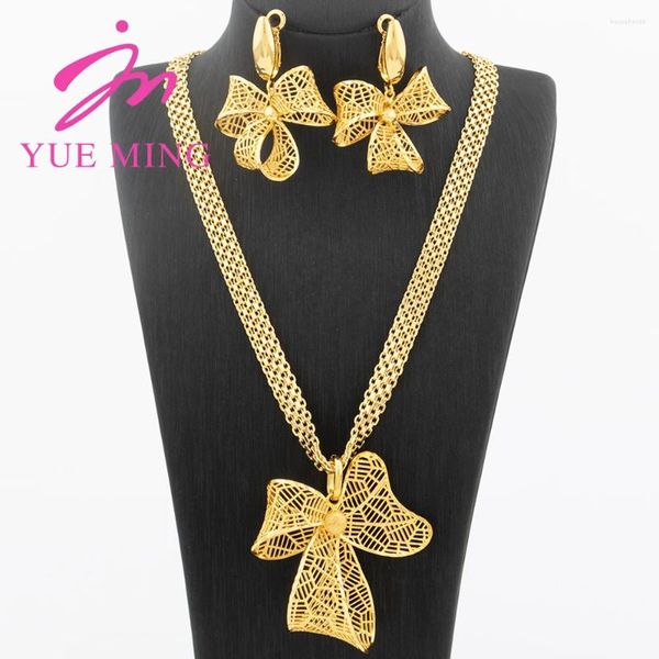 Collier boucles d'oreilles ensemble YM bijoux pour femmes pendentif fleur creuse arabe Dubaï boucle d'oreille chaîne africaine couleur or cuivre mariage cadeau de mariée