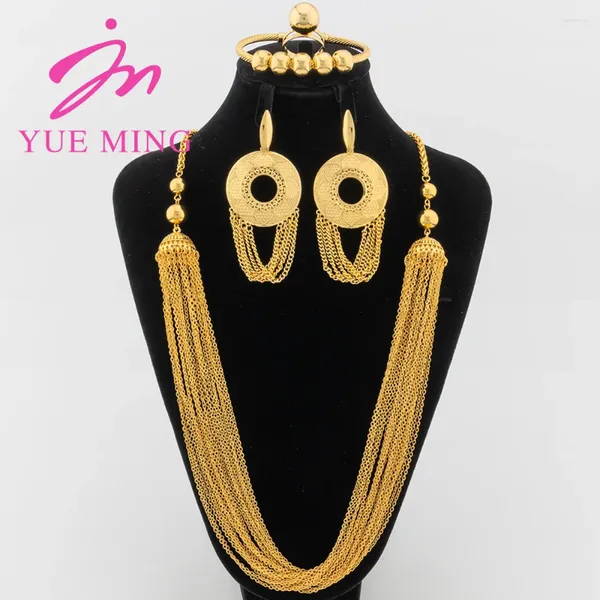 Collier Boucles d'oreilles Set Ym Luxury Dubai Gold Couleur avec Tassel 80 cm Chain Chain Bracles Brangles Bijoux pour les cadeaux pour femmes