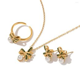 Ketting oorbellen set jeugdway delicate vintage charme roestvrijstalen boog knoop groen kubieke zirkonia parel oorringring