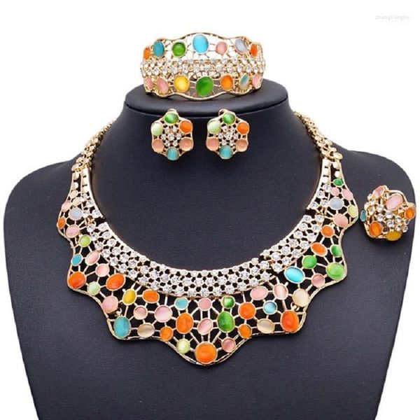 Yulaili – ensemble de boucles d'oreilles et collier pour femmes, haute qualité, or de dubaï, opale colorée, ras du cou, Bracelet, bague, accessoires