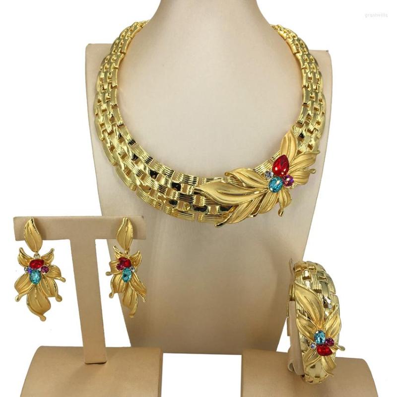 Halskette Ohrringe Set Yuminglai Feiner Dubai Vergoldeter Schmuck Große Bunte Stein Armreifen Für Frauen FHK14167
