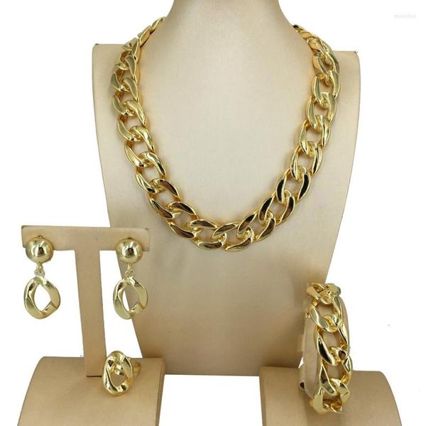 Conjunto de aretes de collar Yuminglai diseño de oro italiano joyería de cadena grande Dubai 24K plateado elegante para mujeres FHK14870