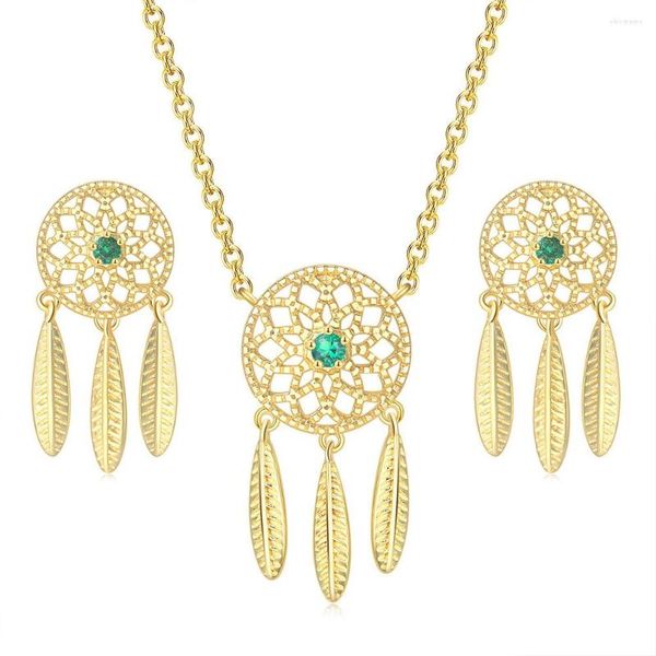 Collar Pendientes Set ZHOUYANG Dream Catcher Sets Para Mujeres Retro Étnico Verde Zircon Color Oro Claro Borla Pendiente Joyería de Moda S524