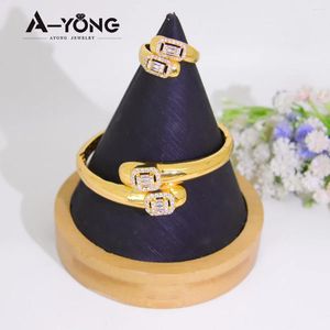 Conjunto de collar y pendientes con circonita chapada en oro de 21k, brazaletes de cobre de Dubái, anillo, joyería de boda con personalidad árabe africana