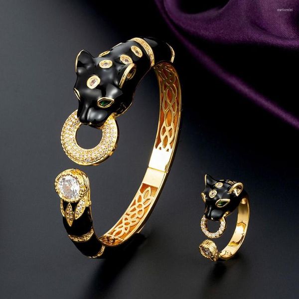 Collier Boucles D'oreilles Ensemble Zlxgirl Jet Léopard Animal Bracelet Avec Bague Bijoux De Femmes Punk Anel Plein Autour CZ Zircon Dubaï Africain Or