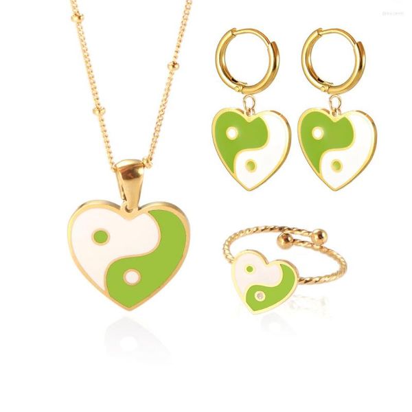 Conjunto de pendientes de collar ZMFashion lujo Yin Yang joyería de esmalte colorido amor forma de corazón colgante y anillo regalo de mujer