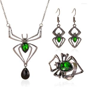 ZOSHI – ensemble de boucles d'oreilles et collier Punk pour femmes, bijoux d'halloween rétro, bague araignée en cristal vert exagérée