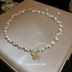 Ketting elegante vlinder glanzend kristal natuurlijke zoetwater barokke parel 14k goud gevulde dames ketting sieraden voor vrouwen korte ketting