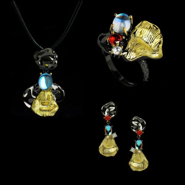 Collar Joyería elegante para mujer Conjunto de joyería de oro negro elegante de 3 piezas con anillo irregular de piedra lunar Collar Pendientes Conjuntos de joyería nupcial