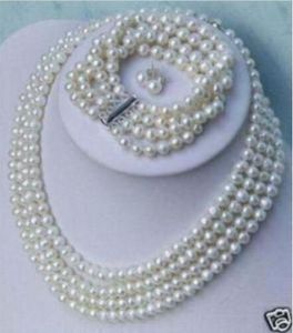 Collier à la mode, 4 rangées de perles blanches naturelles, collier, Bracelet, boucles d'oreilles, ensemble de bijoux