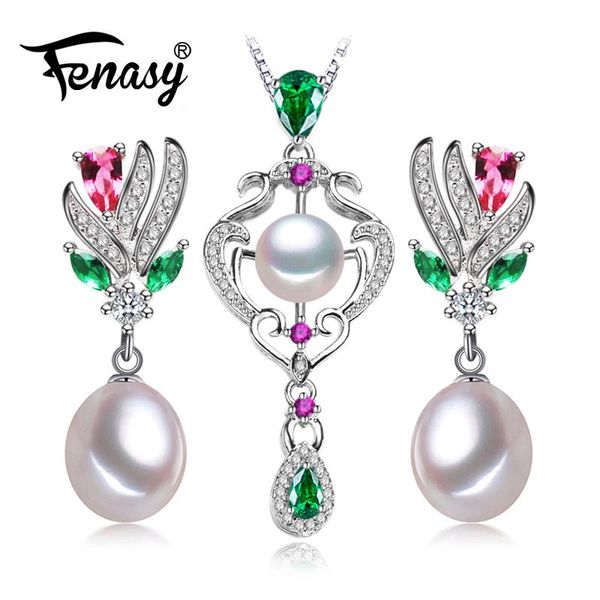 Collier FENASY 925 en argent Sterling naturel perle d'eau douce ensembles de bijoux pour les femmes rubis émeraude perle boucles d'oreilles pendentif collier