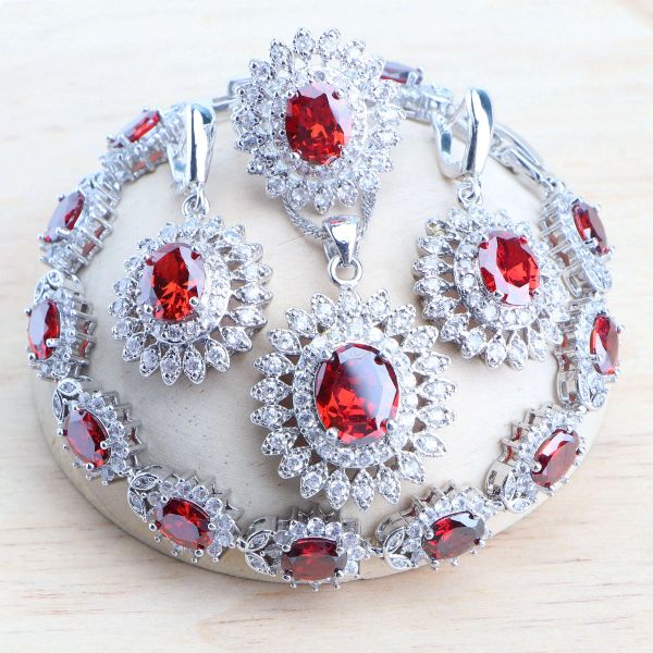 Collier Fine 925 ensembles de bijoux en argent Sterling bijoux de mariage boucles d'oreilles en Zircon rouge pendentif collier anneaux pierres Bracelets ensemble pour les femmes