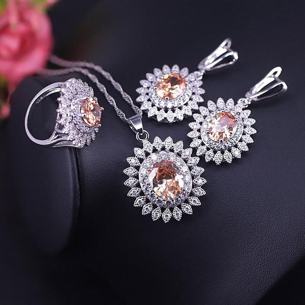 Collier fleur argent 925 bijoux boucles d'oreilles bague collier ensemble Champagne Zircon bijoux grande remise livraison directe