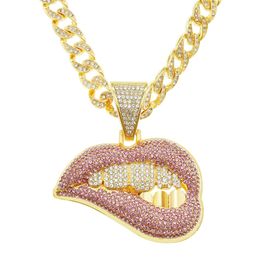 Collier pour hommes chaîne cubaine liaison or chaînes de bijoux de bijoux en diamant à lèvres rose personnalisé collier pendent pour hommes