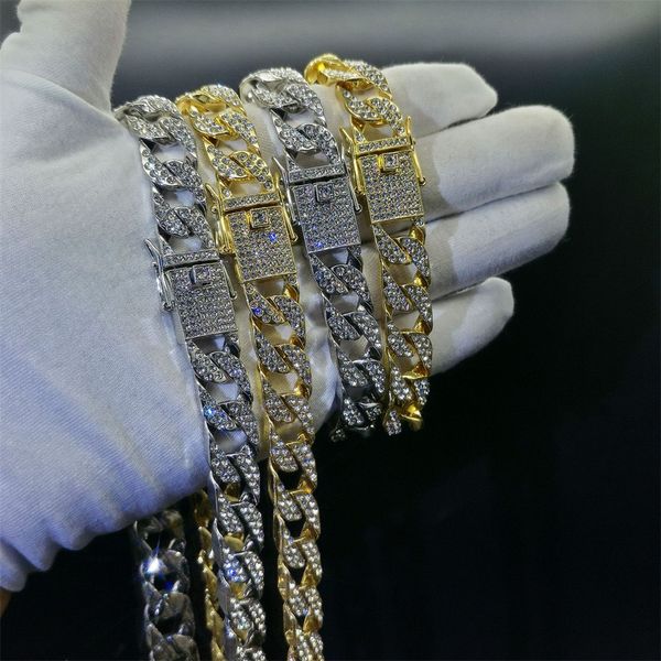collier pour hommes chaîne cubaine lien chaînes en or glacé bijoux Diamant Bracelet 14 Fat Full Diamond Thin Hommes et Femmes Hiphop
