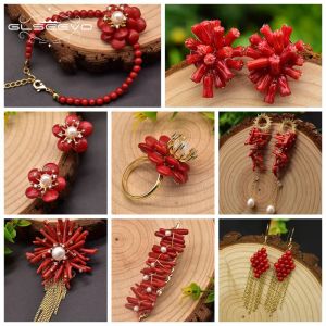 Collar GLSEEVO Coral Rojo Perlas Naturales Accesorios de Moda Conjunto Mujer Fina Anillo Pendientes Collar Lujo Joyería Personalizada Boda