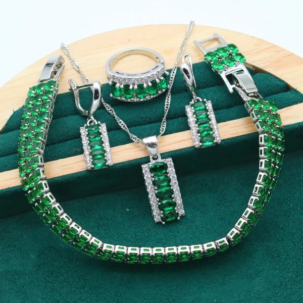 Collar verde esmeralda piedras azules 925 conjunto de joyería de plata para mujer pendientes collar colgante anillo pulsera regalo de cumpleaños