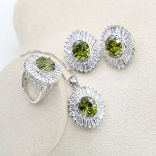 Collar verde peridoto circón 925 conjunto de joyería de fiesta de plata para mujer pendientes de tuerca collar colgante anillo boda regalo de Navidad