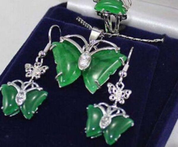 Collier vente chaude nouveau - Bijoux 001438 Nouveau 8KGP papillon vert jade pendentif Collier boucles d'oreilles bague Ensemble