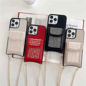 Ketting Houndstooth graan lederen telefoonhoesjes voor iPhone 14 13 12 11 Pro Max 7 8 SE2 SE3 Lanyard Card Slot Wallet Koppeling Beugel Back Cover schokbestendig