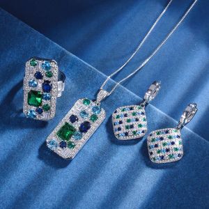 Collier Mode coréenne Double couleur vert haute teneur en carbone diamant boucles d'oreilles pendentif collier réglable bague bijoux fins pour les femmes Plaid