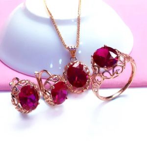 Ketting Luxe 585 paars goud ingelegde robijn sieraden set hol ontwerp 14K rose gouden bruiloft kettingen ringen oorbellen voor vriendin