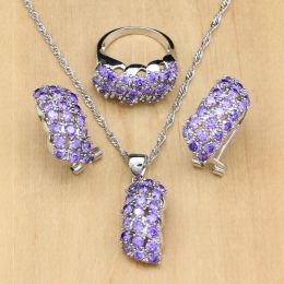 Collier Luxury 925 Bijoux de mariée en argent Purple Cumbic Zirconia Blanc Zircon Bijoux pour femmes Boucle d'oreille / pendentif / anneau / collier