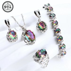 Collier magique arc-en-ciel Zircon, ensembles de bijoux, boucles d'oreilles pour femmes, bijoux de mariage, pierres, Bracelet, pendentif, ensemble de bagues