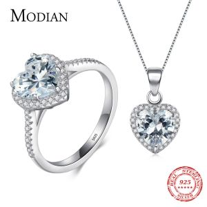 Collier Modian nouveau Design solide en argent Sterling ensembles bijoux bague collier de mariage pendentif en cristal naturel chaîne de mode pour les femmes