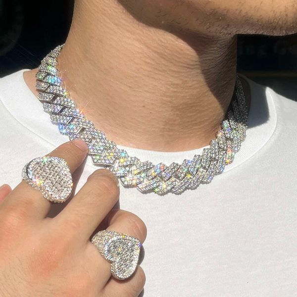 Collier Moissanite grande taille 20mm 2 rangées prix de gros bijoux Hiphop glacé 925 argent Sterling Moissanite diamant chaîne à maillons cubains