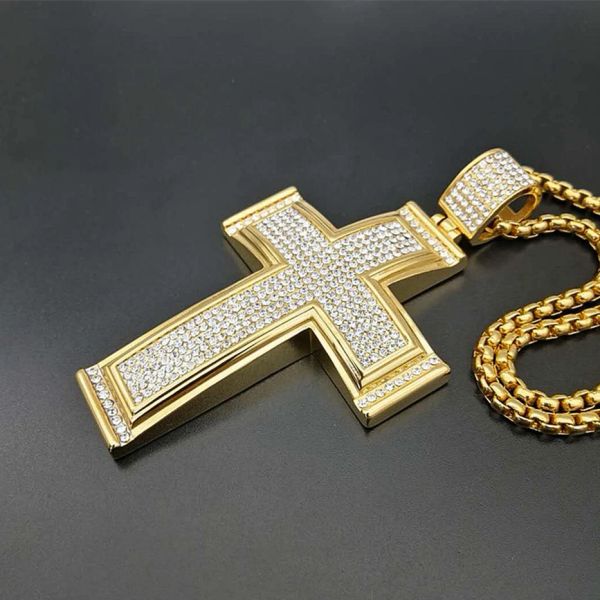 necklace moissanite chaîne Hip Hop glacé grande croix pendentif collier pour hommes 14k or jaune strass collier Hiphop Christian bijoux