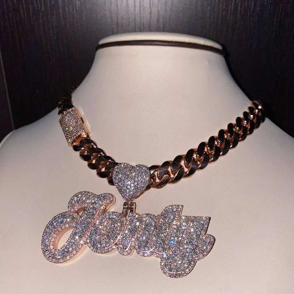 Collier moissanite chaîne Hip Hop Moissante, bijoux de luxe pour femmes, pendentif personnalisé avec nom glacé, argent 925, or Rose cubain