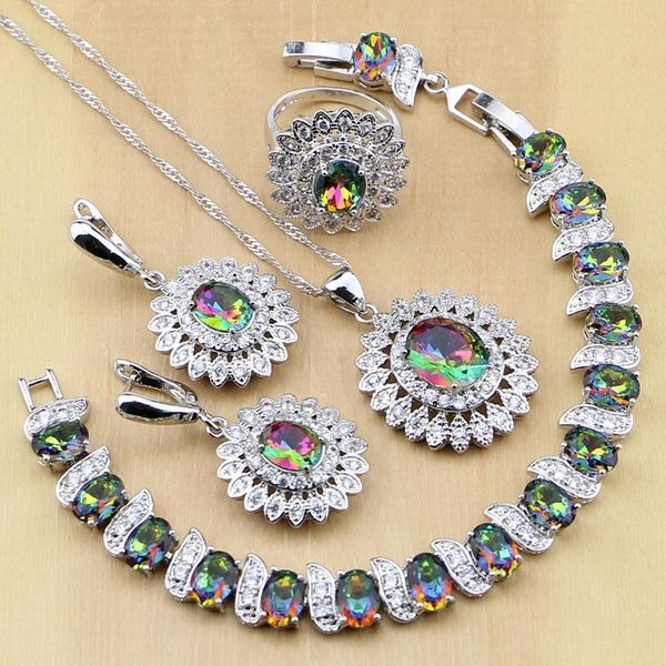 Collar Mystic Rainbow Fire Cz Sterling Sier, conjuntos de joyas, pendientes/colgante/collar/anillos/pulsera para mujer T234