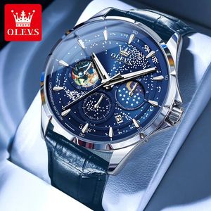 Necklace Olevs Original Quartz Watch for Men Starry Sky Date Moon Phase Luminous Waterproof Leather Strap Business Men's Quartz Watch